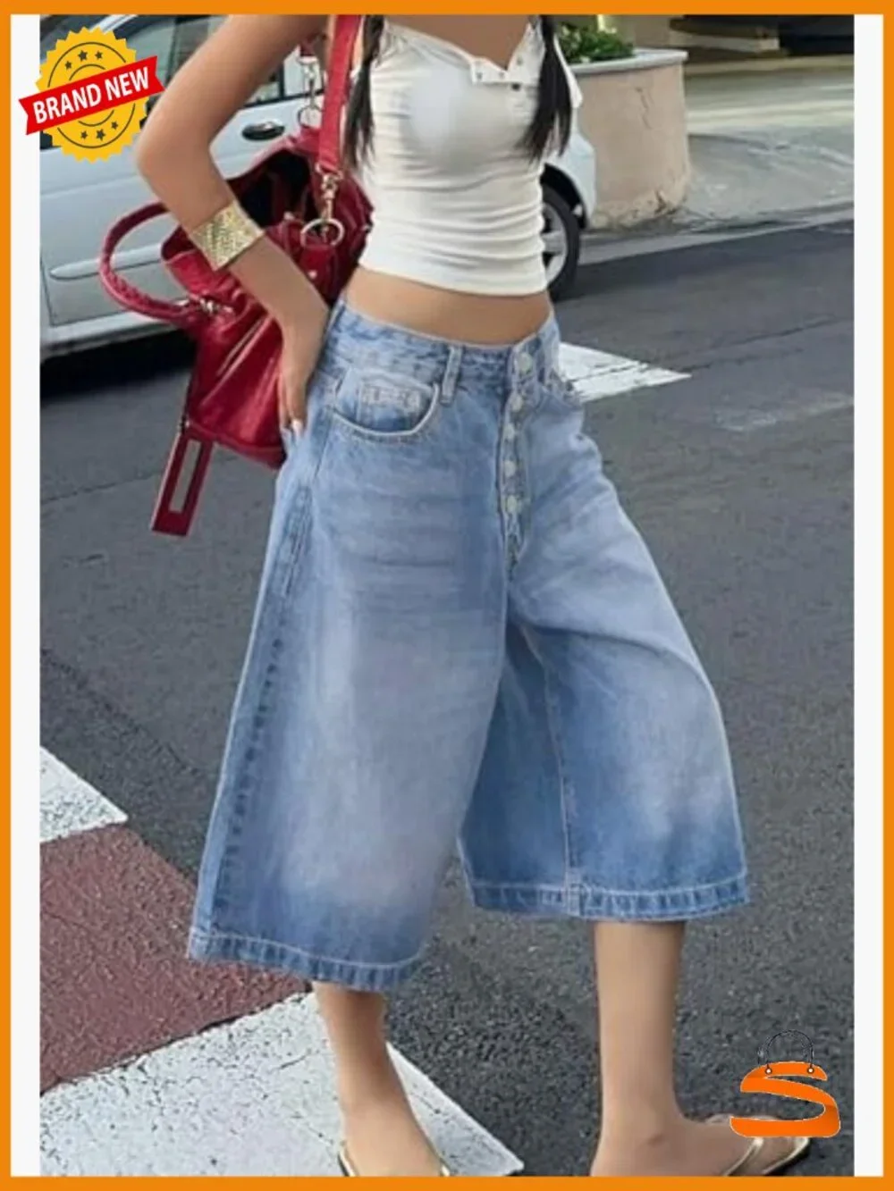 Baggy Cargo Capri Jeans Wide Leg High Waist Casual Denim Bermuda Jorts